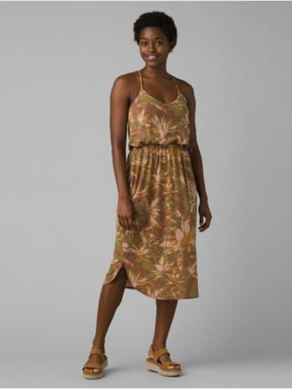 Prana Olive Green Floral Midi Dress with Pink Accents
